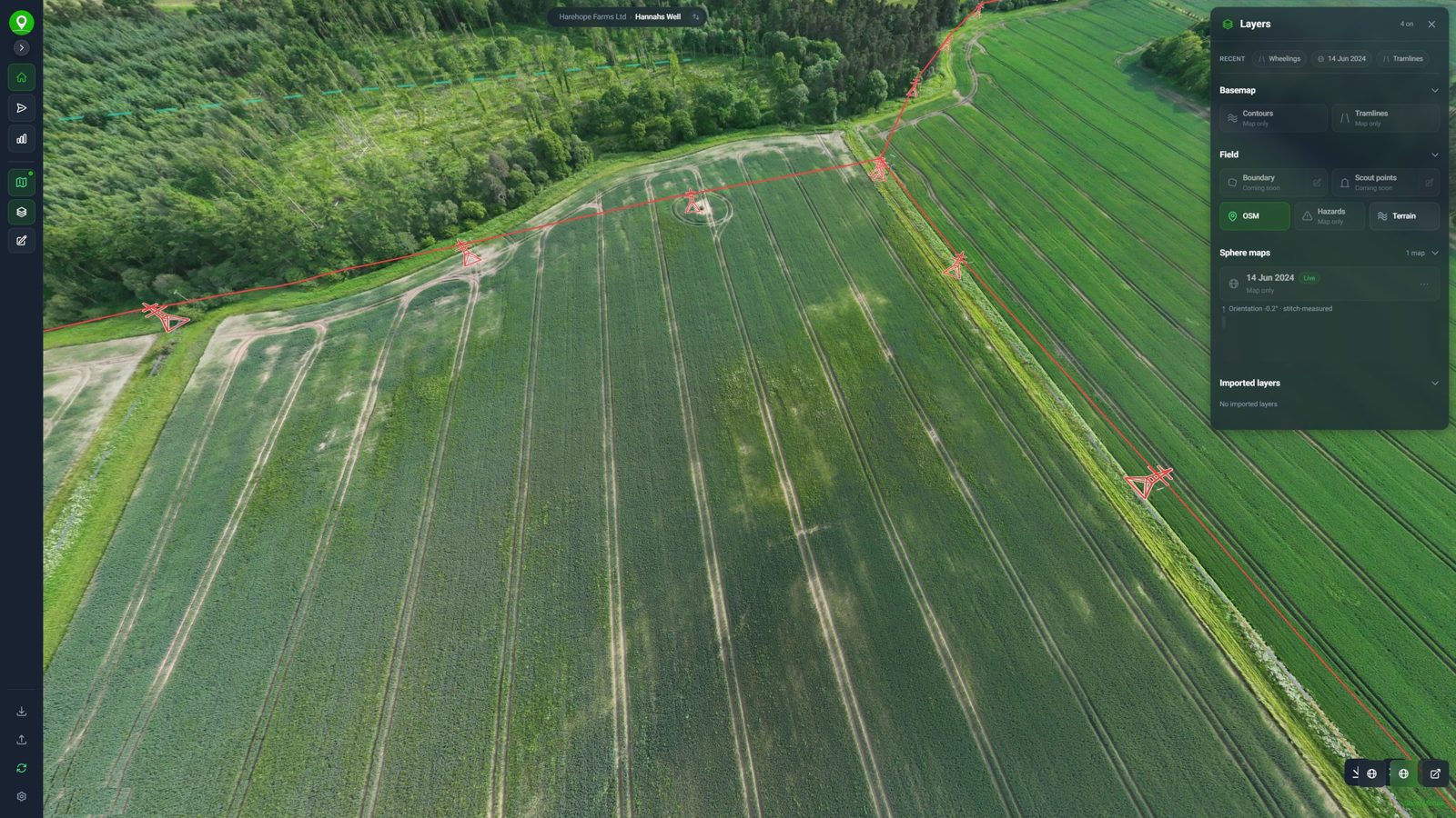 A Skippy Sphere with the power lines and pylons around the field marked
